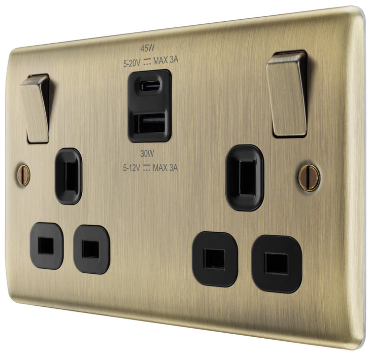 BG NAB22UAC45B Nexus Metal 13A Double Switched Power Socket + USB A+C (45W) - Antique Brass + Black Insert - westbasedirect.com
