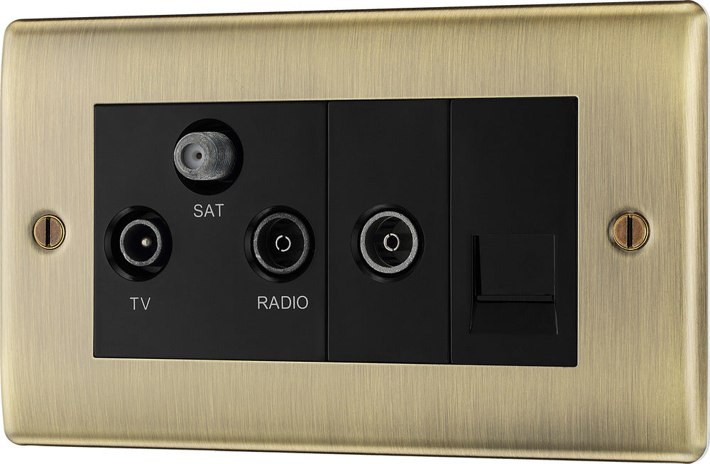 BG NAB68 Nexus Metal Triplex TV/FM/Sat Socket + Return & Tel. - Black Insert - Antique Brass - westbasedirect.com