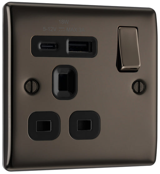 BG NBN21UAC18B Nexus Metal 13A Single Switched Power Socket + USB A+C (18W) - Black Nickel + Black Insert - westbasedirect.com