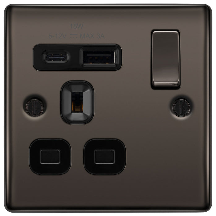 BG NBN21UAC18B Nexus Metal 13A Single Switched Power Socket + USB A+C (18W) - Black Nickel + Black Insert - westbasedirect.com