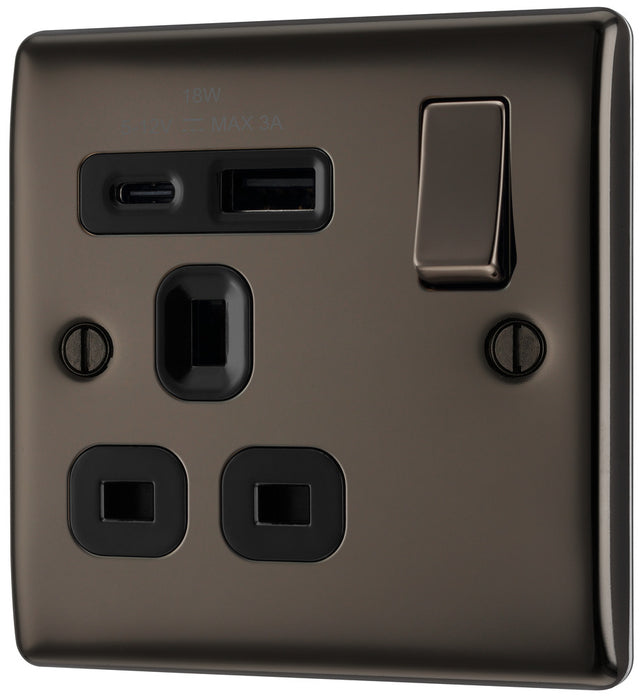 BG NBN21UAC18B Nexus Metal 13A Single Switched Power Socket + USB A+C (18W) - Black Nickel + Black Insert - westbasedirect.com