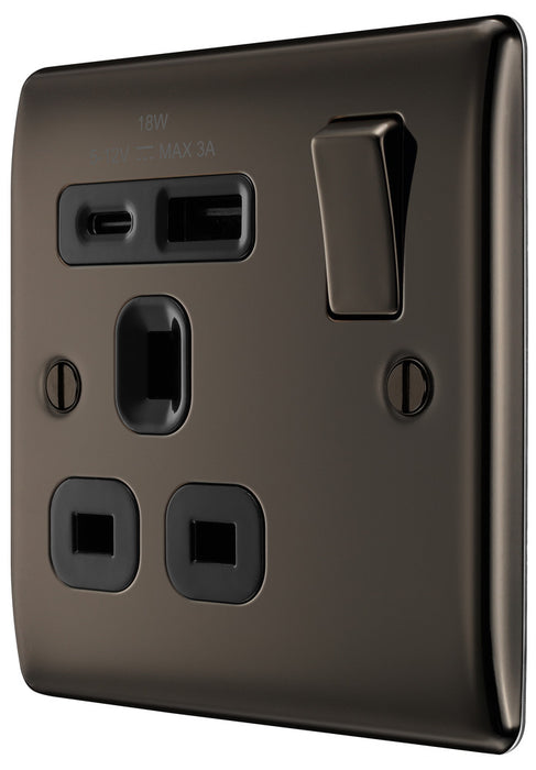 BG NBN21UAC18B Nexus Metal 13A Single Switched Power Socket + USB A+C (18W) - Black Nickel + Black Insert - westbasedirect.com