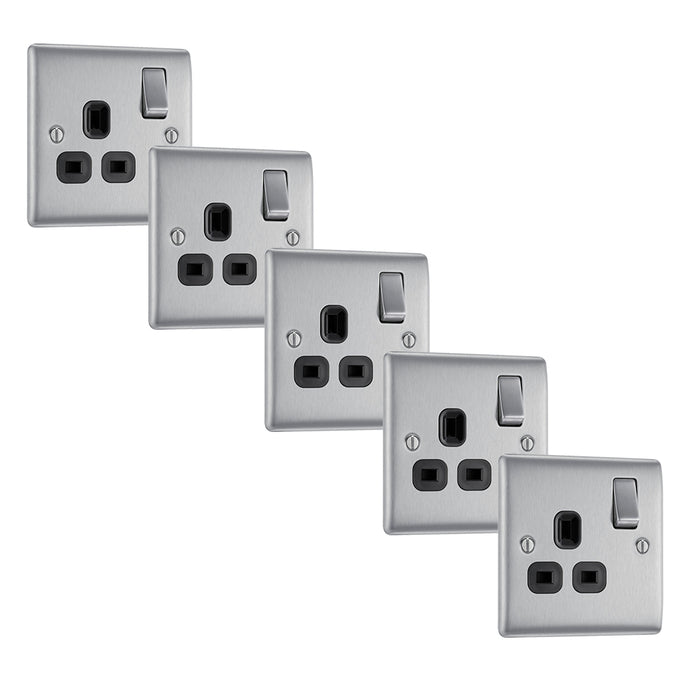 BG NBS21B Nexus Metal Single Socket 13A /Black Insert - Brushed Steel (5 Pack) - westbasedirect.com