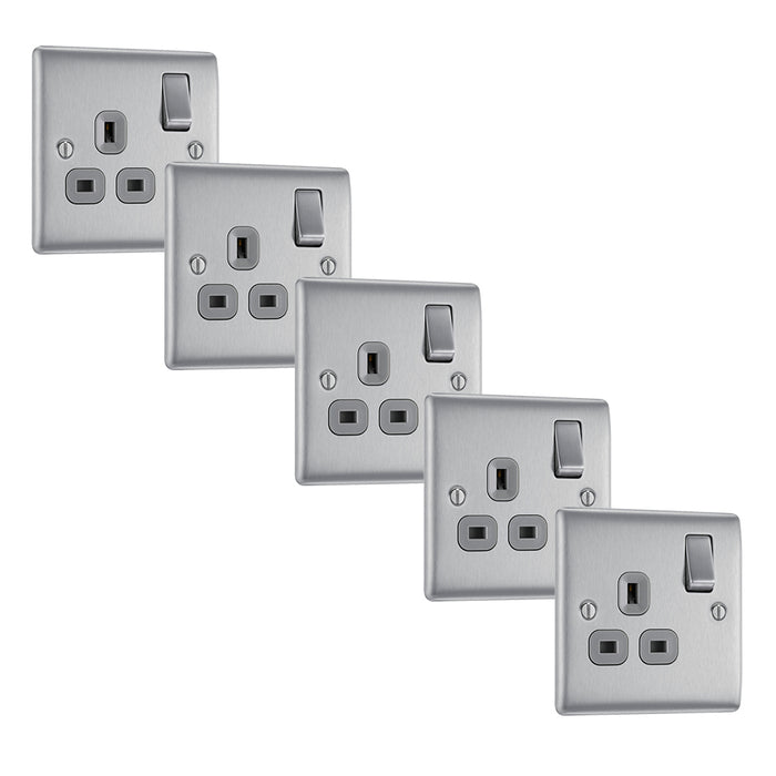 BG NBS21G Nexus Metal Single Socket 13A - Grey Insert - Brushed Steel (5 Pack) - westbasedirect.com