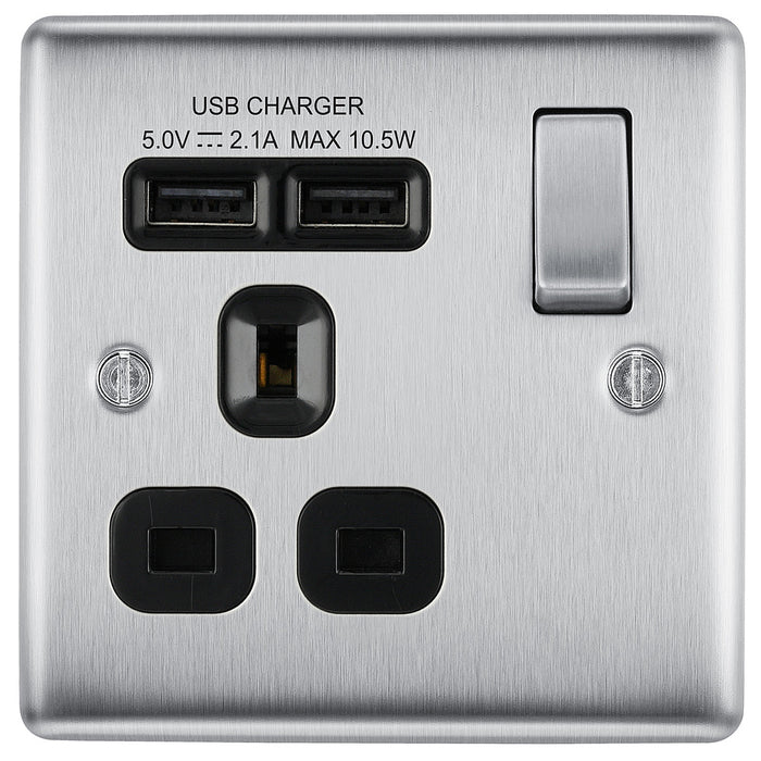 BG NBS21U2B Nexus Metal Single Socket + 2x USB /Black Insert - Brushed Steel - westbasedirect.com
