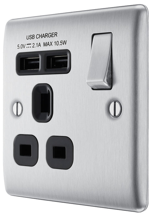 BG NBS21U2B Nexus Metal Single Socket + 2x USB /Black Insert - Brushed Steel - westbasedirect.com