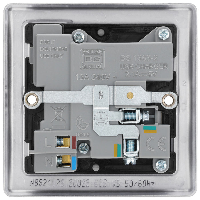 BG NBS21U2B Nexus Metal Single Socket + 2x USB /Black Insert - Brushed Steel - westbasedirect.com