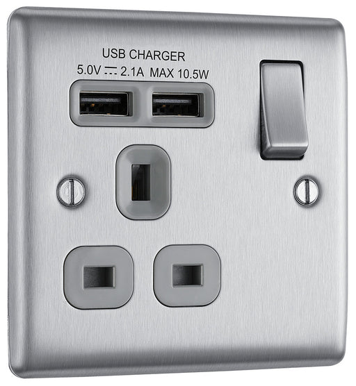 BG NBS21U2G Nexus Metal Single Socket + 2x USB - Grey Insert - Brushed Steel - westbasedirect.com