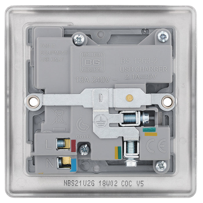BG NBS21U2G Nexus Metal Single Socket + 2x USB - Grey Insert - Brushed Steel - westbasedirect.com