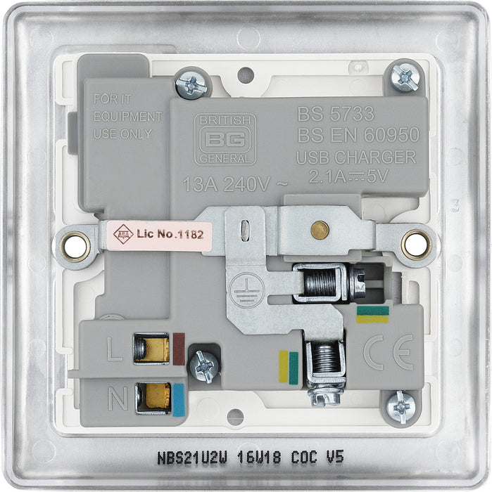 BG NBS21U2W Nexus Metal Single Socket + 2x USB - White Insert - Brushed Steel - westbasedirect.com