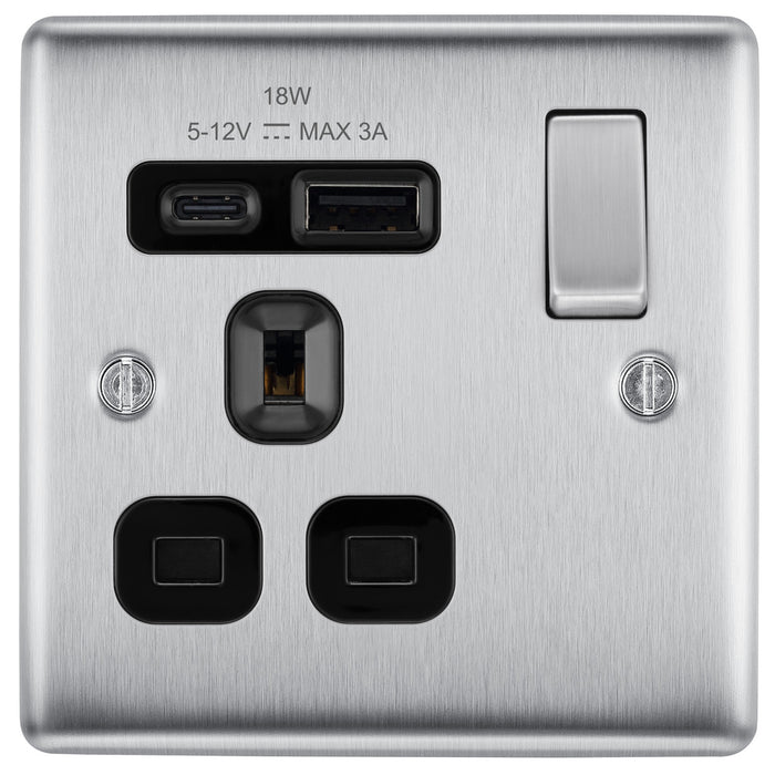 BG NBS21UAC18B Nexus Metal 13A Single Switched Power Socket + USB A+C (18W) - Brushed Steel + Black Insert - westbasedirect.com