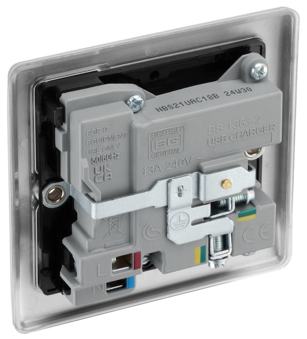 BG NBS21UAC18B Nexus Metal 13A Single Switched Power Socket + USB A+C (18W) - Brushed Steel + Black Insert - westbasedirect.com