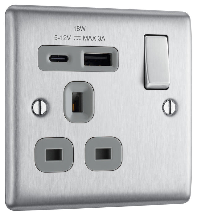 BG NBS21UAC18G Nexus Metal 13A Single Switched Power Socket + USB A+C (18W) - Brushed Steel + Grey Insert - westbasedirect.com