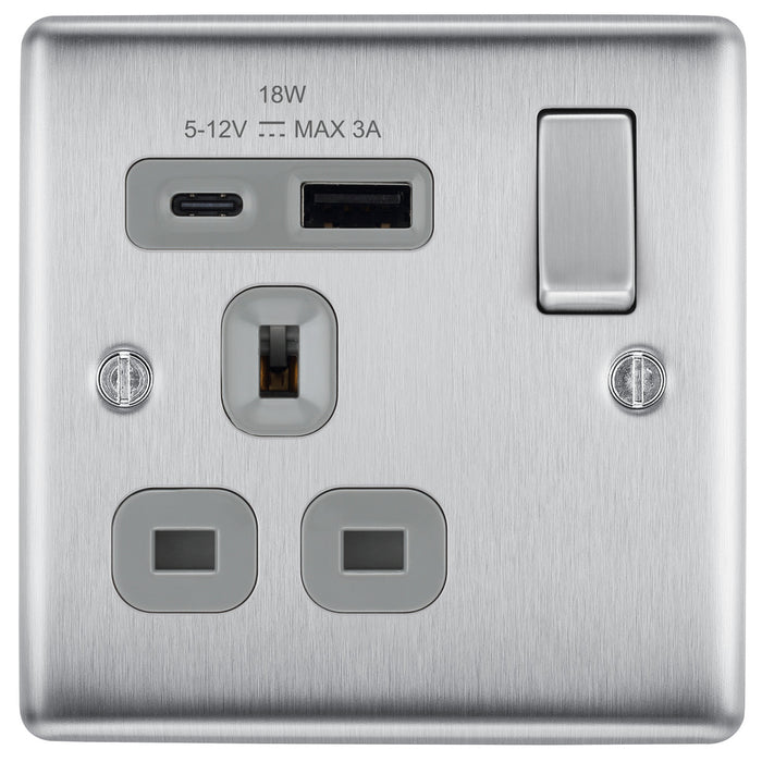BG NBS21UAC18G Nexus Metal 13A Single Switched Power Socket + USB A+C (18W) - Brushed Steel + Grey Insert - westbasedirect.com