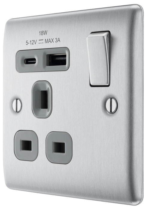 BG NBS21UAC18G Nexus Metal 13A Single Switched Power Socket + USB A+C (18W) - Brushed Steel + Grey Insert - westbasedirect.com