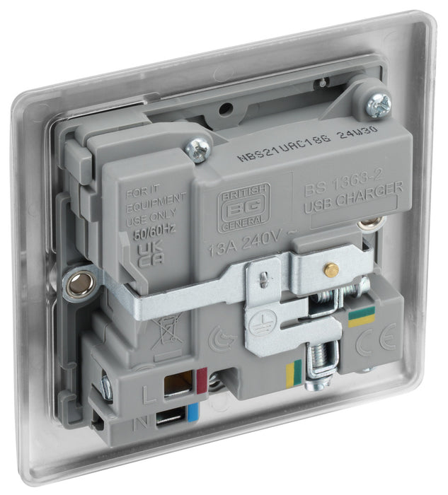 BG NBS21UAC18G Nexus Metal 13A Single Switched Power Socket + USB A+C (18W) - Brushed Steel + Grey Insert - westbasedirect.com
