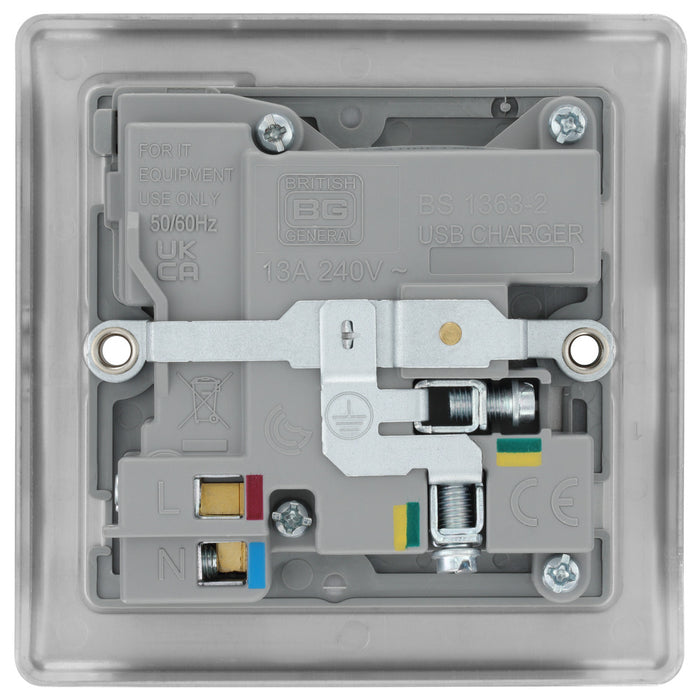 BG NBS21UAC18G Nexus Metal 13A Single Switched Power Socket + USB A+C (18W) - Brushed Steel + Grey Insert - westbasedirect.com
