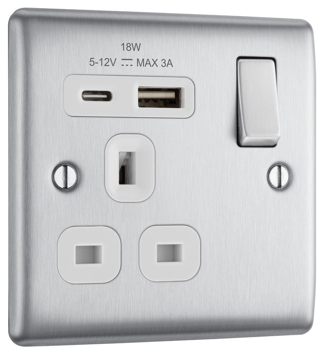BG NBS21UAC18W Nexus Metal 13A Single Switched Power Socket + USB A+C (18W) - Brushed Steel + White Insert - westbasedirect.com