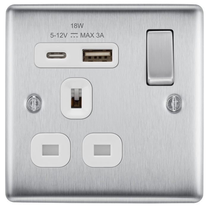 BG NBS21UAC18W Nexus Metal 13A Single Switched Power Socket + USB A+C (18W) - Brushed Steel + White Insert - westbasedirect.com