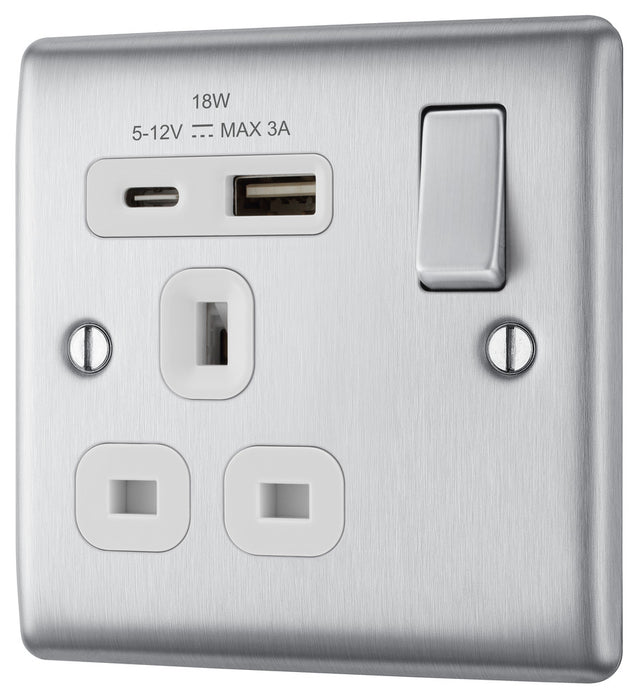 BG NBS21UAC18W Nexus Metal 13A Single Switched Power Socket + USB A+C (18W) - Brushed Steel + White Insert - westbasedirect.com