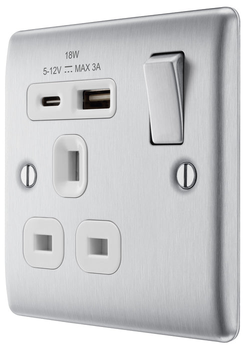 BG NBS21UAC18W Nexus Metal 13A Single Switched Power Socket + USB A+C (18W) - Brushed Steel + White Insert - westbasedirect.com