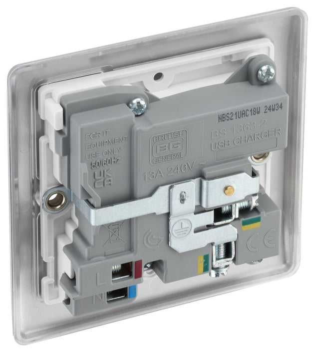 BG NBS21UAC18W Nexus Metal 13A Single Switched Power Socket + USB A+C (18W) - Brushed Steel + White Insert - westbasedirect.com