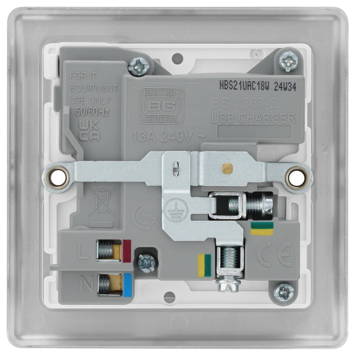 BG NBS21UAC18W Nexus Metal 13A Single Switched Power Socket + USB A+C (18W) - Brushed Steel + White Insert - westbasedirect.com