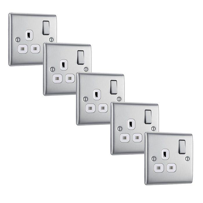 BG NBS21W Nexus Metal Single Socket 13A - White Insert - Brushed Steel (5 Pack) - westbasedirect.com
