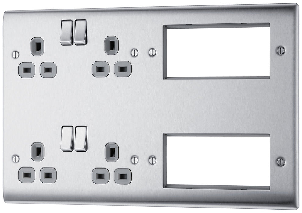 BG NBS222EM8G Nexus Metal 2x 2G Socket 13A + 2x 4 Module Aperture - Grey Insert - Brushed Steel - westbasedirect.com