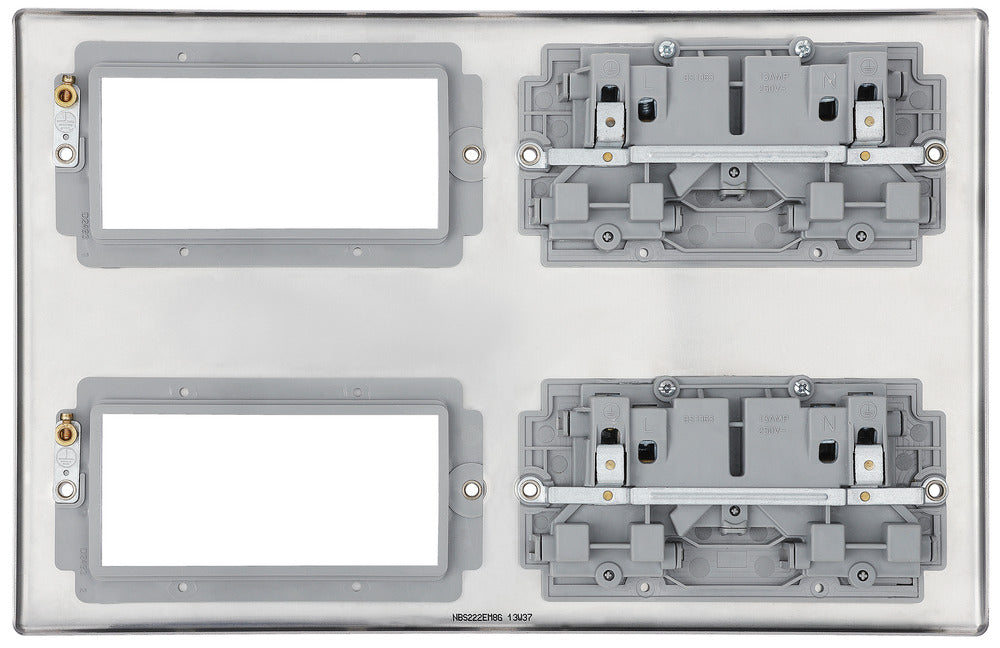 BG NBS222EM8G Nexus Metal 2x 2G Socket 13A + 2x 4 Module Aperture - Grey Insert - Brushed Steel - westbasedirect.com