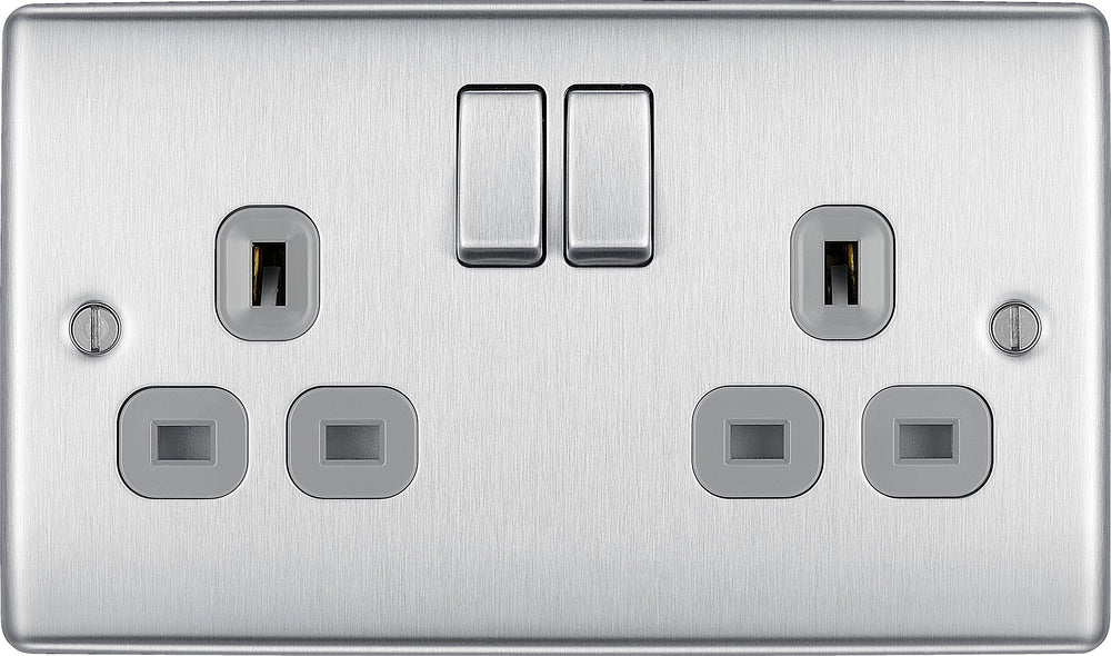BG NBS22G Nexus Metal Double Socket 13A - Grey Insert - Brushed Steel (5 Pack) - westbasedirect.com