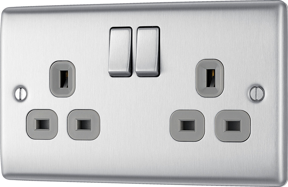 BG NBS22G Nexus Metal Double Socket 13A - Grey Insert - Brushed Steel - westbasedirect.com