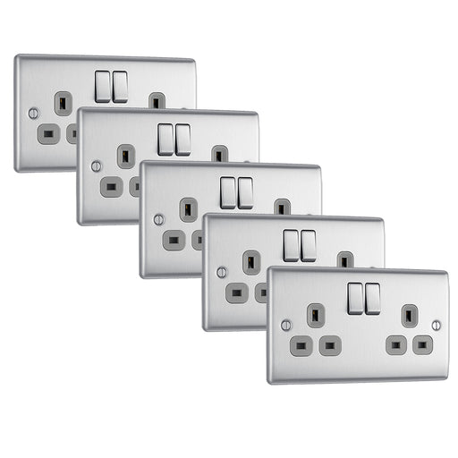 BG NBS22G Nexus Metal Double Socket 13A - Grey Insert - Brushed Steel (5 Pack) - westbasedirect.com