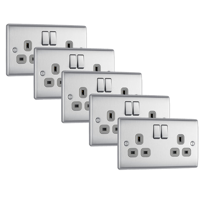 BG NBS22G Nexus Metal Double Socket 13A - Grey Insert - Brushed Steel (5 Pack) - westbasedirect.com