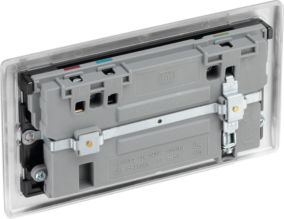 BG NBS22U3B Nexus Metal Double Socket + 2x USB /Black Insert - Brushed Steel - westbasedirect.com