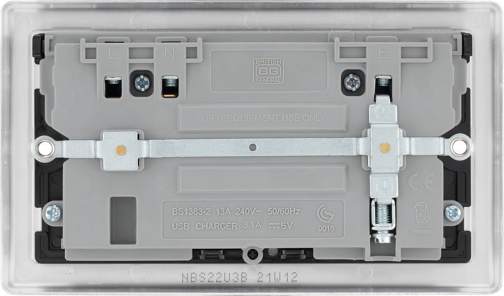 BG NBS22U3B Nexus Metal Double Socket + 2x USB /Black Insert - Brushed Steel - westbasedirect.com