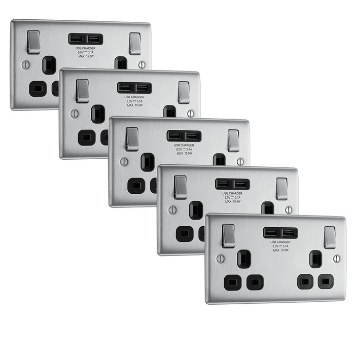 BG NBS22U3B Nexus Metal Double Socket + 2x USB(3.1A) /Black Insert - Brushed Steel (5 Pack) - westbasedirect.com