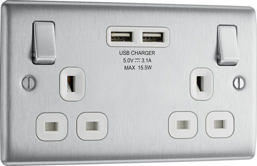 BG NBS22U3W Nexus Metal Double Socket + 2x USB - White Insert - Brushed Steel - westbasedirect.com