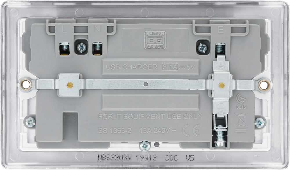 BG NBS22U3W Nexus Metal Double Socket + 2x USB - White Insert - Brushed Steel - westbasedirect.com