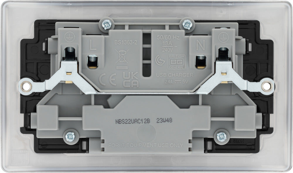 BG NBS22UAC12B Nexus Metal 13A Double Switched Power Socket + USB A+C (12W) - Brushed Steel + Black Insert - westbasedirect.com