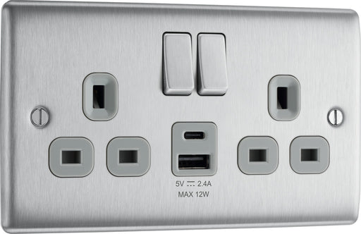 BG NBS22UAC12G Nexus Metal 13A Double Switched Power Socket + USB A+C (12W) - Brushed Steel + Grey Insert - westbasedirect.com