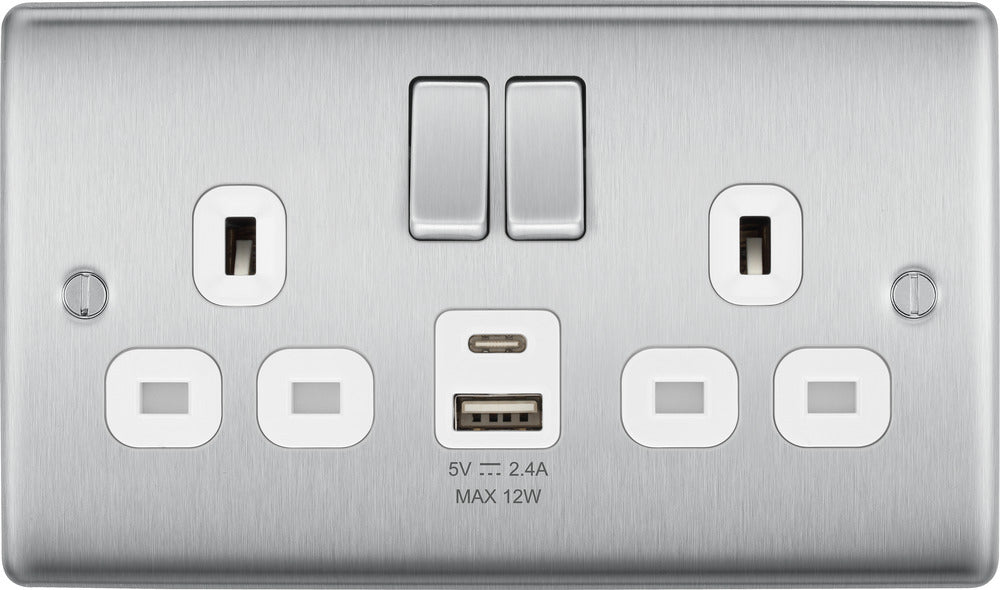 BG NBS22UAC12W Nexus Metal 13A Double Switched Power Socket + USB A+C (12W) - Brushed Steel + White Insert - westbasedirect.com