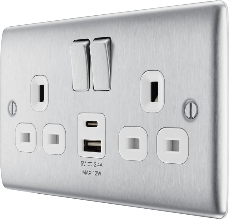 BG NBS22UAC12W Nexus Metal 13A Double Switched Power Socket + USB A+C (12W) - Brushed Steel + White Insert - westbasedirect.com