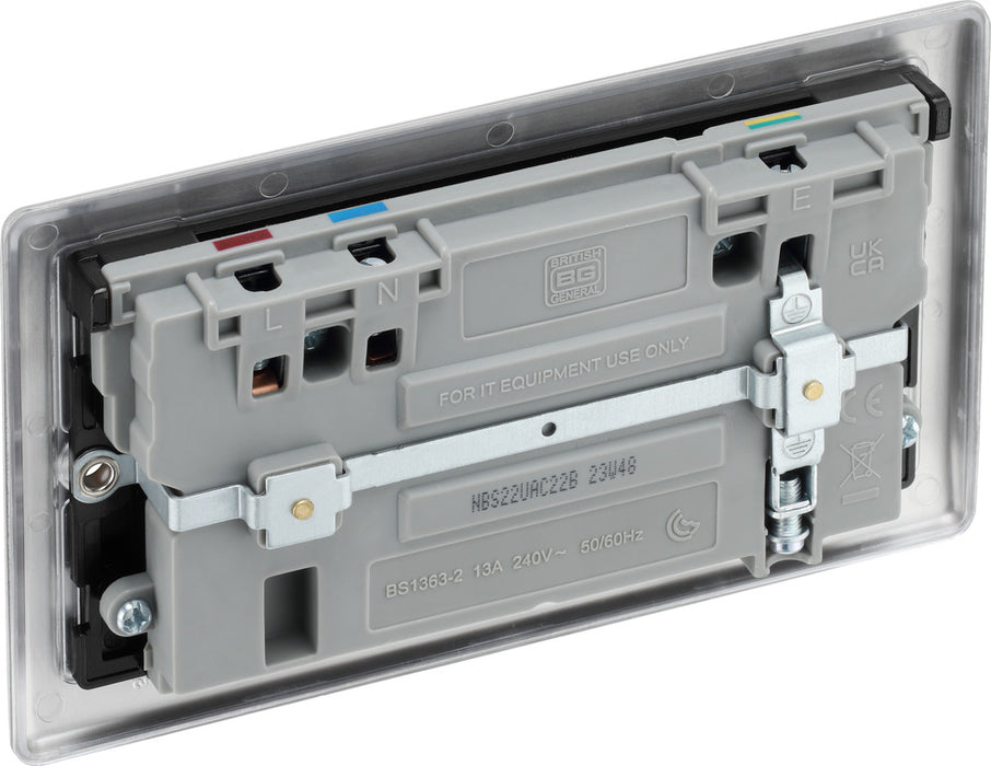 BG NBS22UAC22B Nexus Metal 13A Double Switched Power Socket + USB A+C (22W) - Brushed Steel + Black Insert - westbasedirect.com
