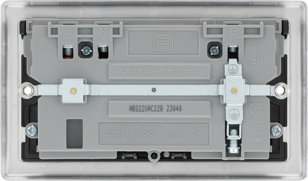 BG NBS22UAC22B Nexus Metal 13A Double Switched Power Socket + USB A+C (22W) - Brushed Steel + Black Insert - westbasedirect.com