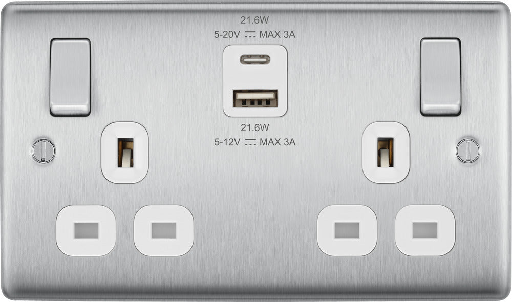 BG NBS22UAC22W Nexus Metal 13A Double Switched Power Socket + USB A+C (22W) - Brushed Steel + White Insert - westbasedirect.com