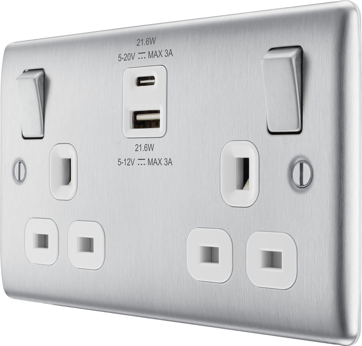 BG NBS22UAC22W Nexus Metal 13A Double Switched Power Socket + USB A+C (22W) - Brushed Steel + White Insert - westbasedirect.com