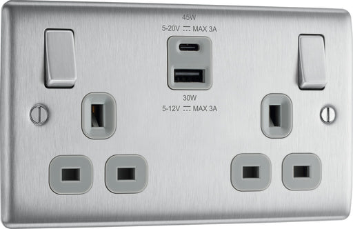 BG NBS22UAC45G Nexus Metal 13A Double Switched Power Socket + USB A+C (45W) - Brushed Steel + Grey Insert - westbasedirect.com
