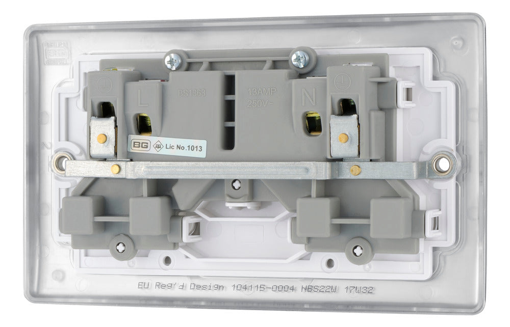 BG NBS22W Nexus Metal Double Socket 13A - White Insert - Brushed Steel (10 Pack) - westbasedirect.com