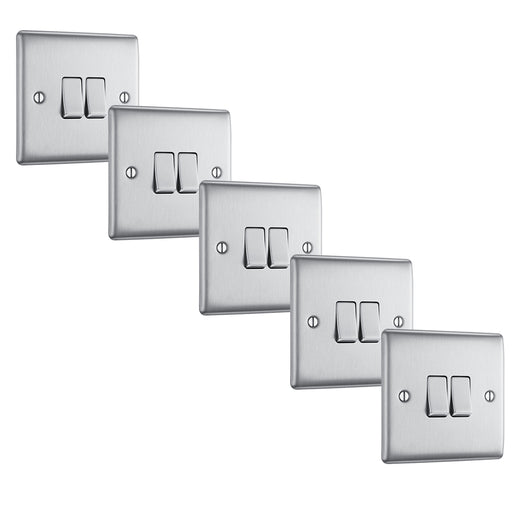 BG NBS42 Nexus Metal Double Light Switch 10A - Brushed Steel (5 Pack) - westbasedirect.com